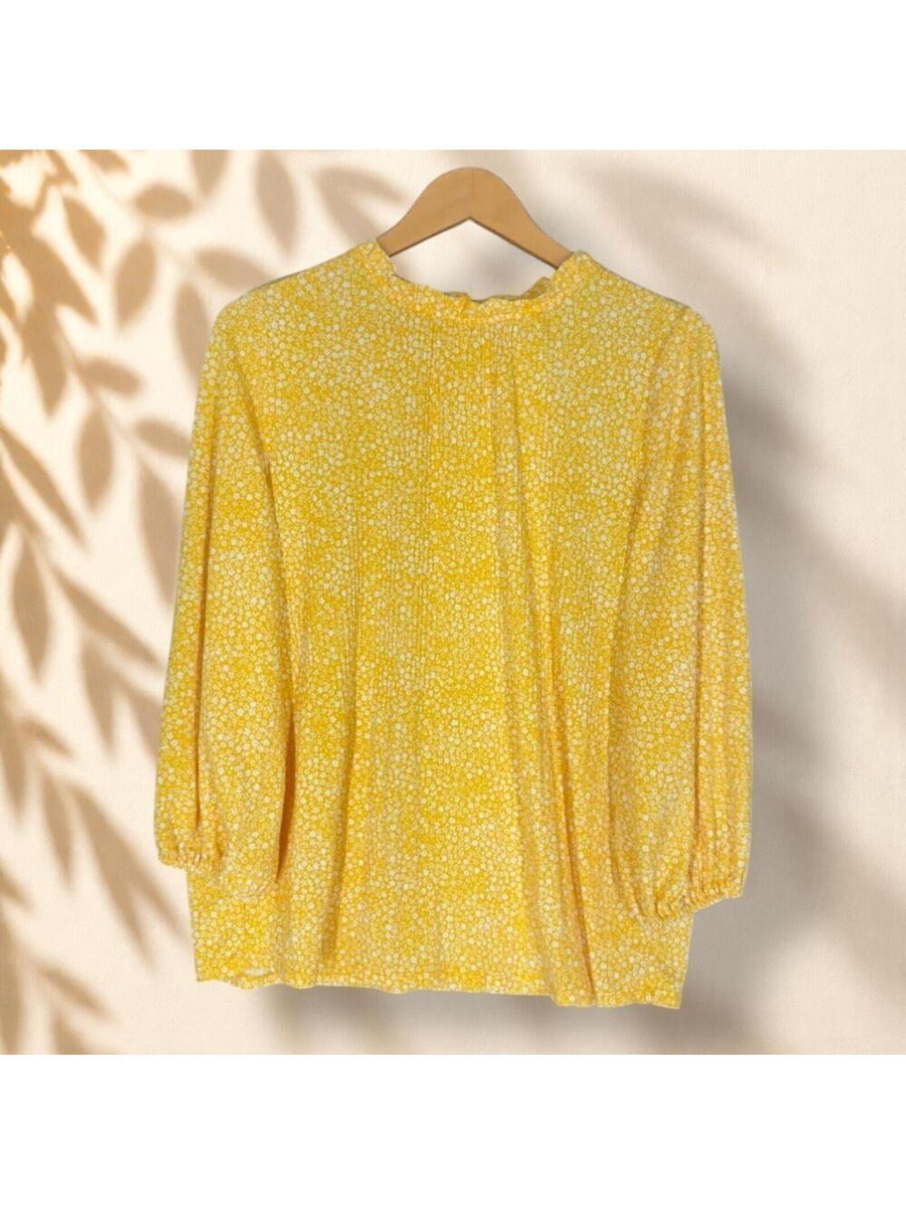 Adrianna Papell Blouse Women M Medium Yellow Floral Long Sleeve Crew Neck Casual